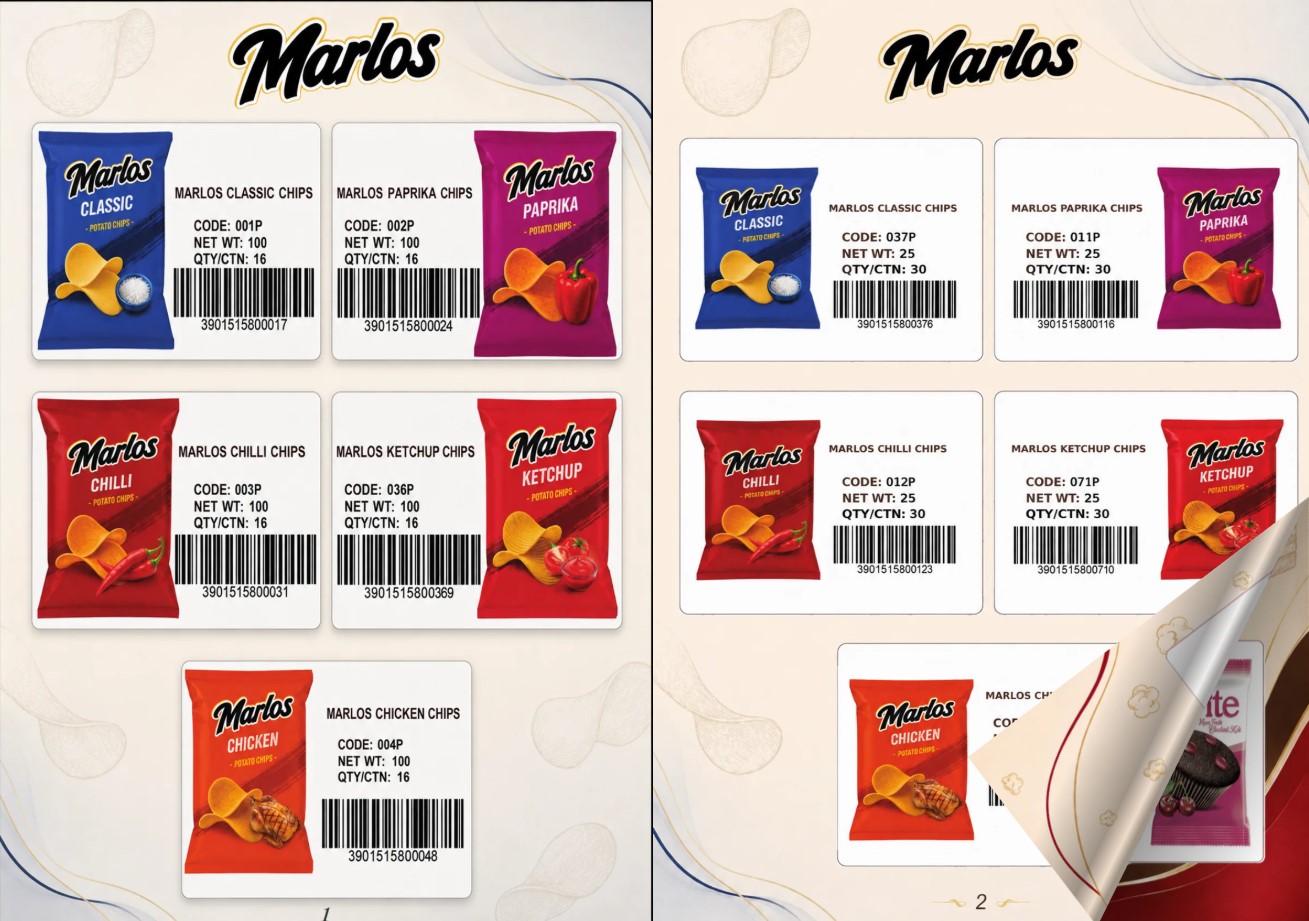 Marlos chips catalog page with codes and barcodes