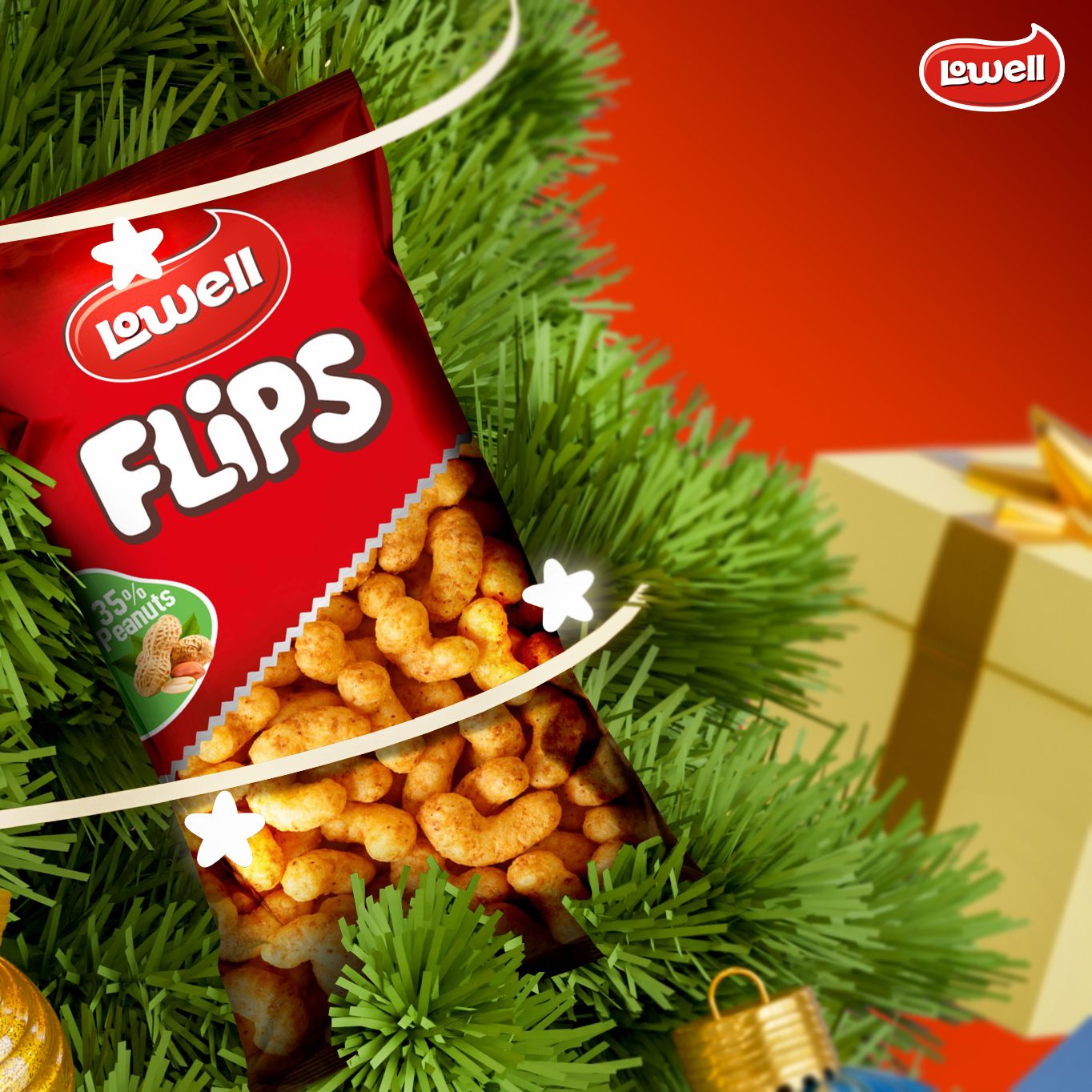 Lowell Flips peanut snack packaging surrounded by the puffed snack itself, 35% peanuts callout