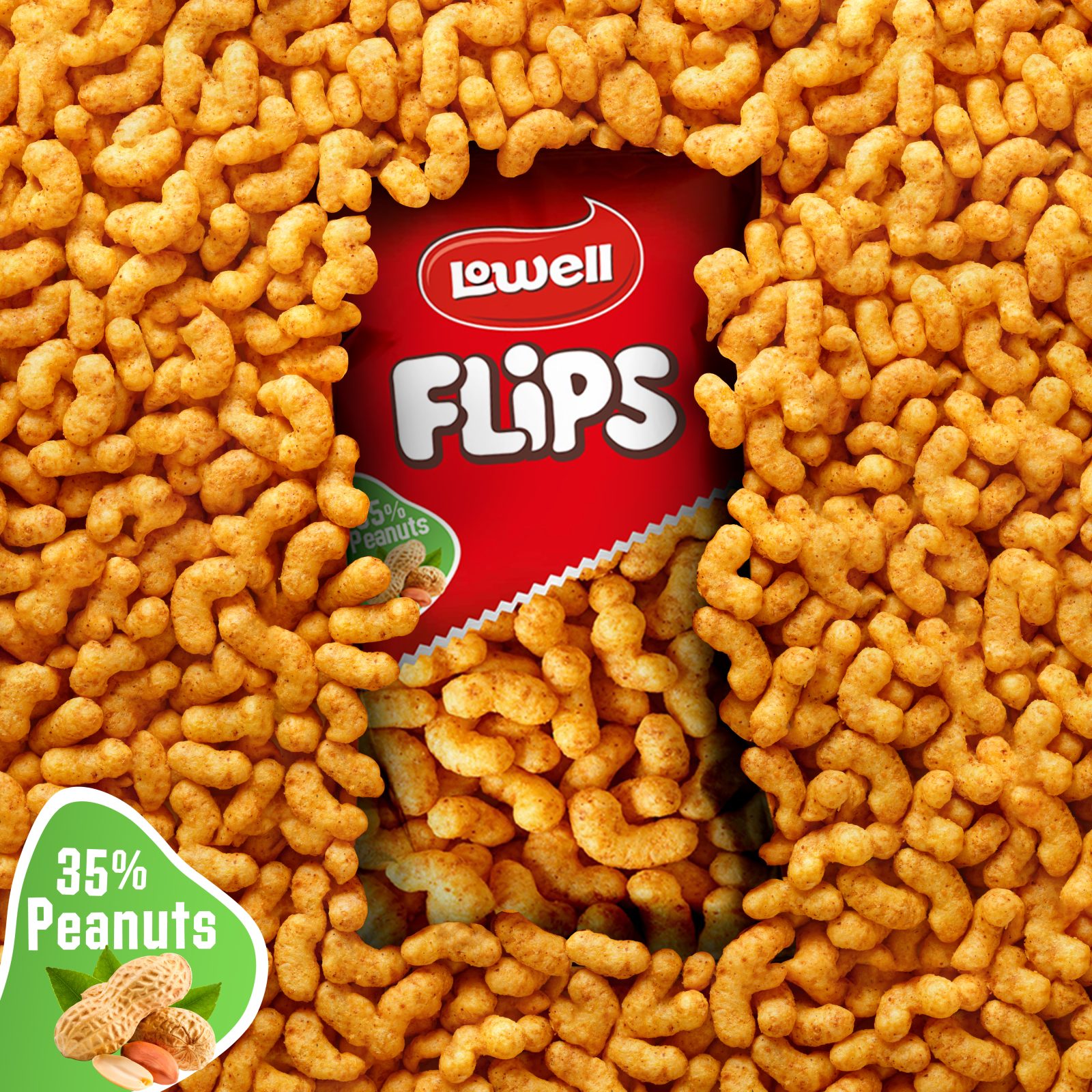 Lowell Flips peanut snack packaging surrounded by the puffed snack itself, 35% peanuts callout